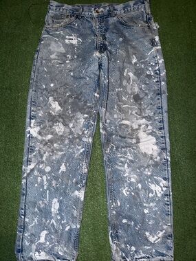 Carhartt Men's Blue Denim Jeans with White Paint Splatter